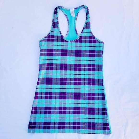 Ivivva Girl's Turquoise & Purple Plaid Racerback Athletic Tank Top - size 14 - Picture 1 of 7